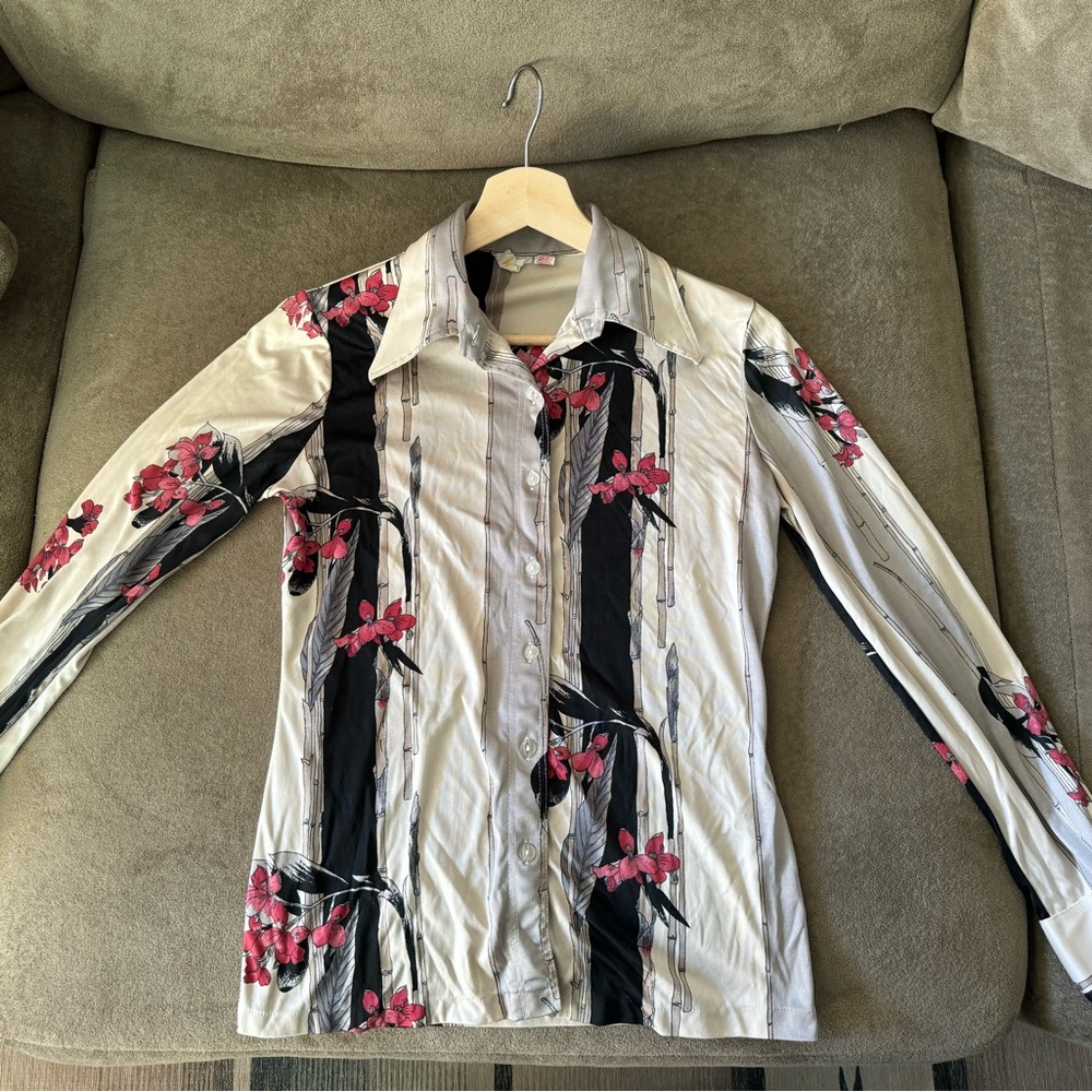 Tarri Vintage Polyester Button up Long Sleeve - Bamboo and flowers - M